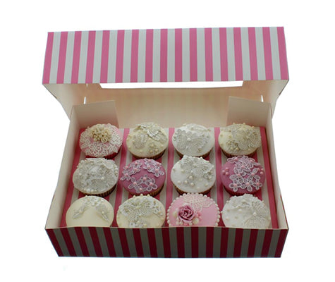PINK & WHITE STRIPE Cupcake Box with PVC Window (holds 12 cupcakes)